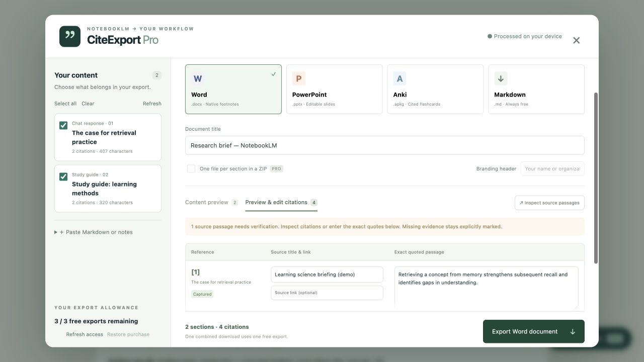 CiteExport Pro Beta preview with export formats, editable notes and a citation editor